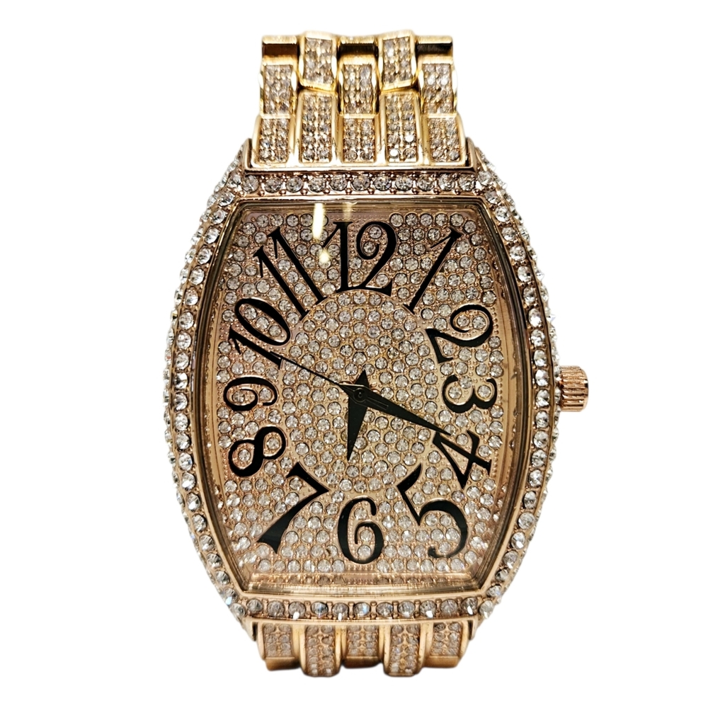 MISSFOX Men's Fully Iced Out White Stones Bling Luxury Rose Gold Wrist Watch